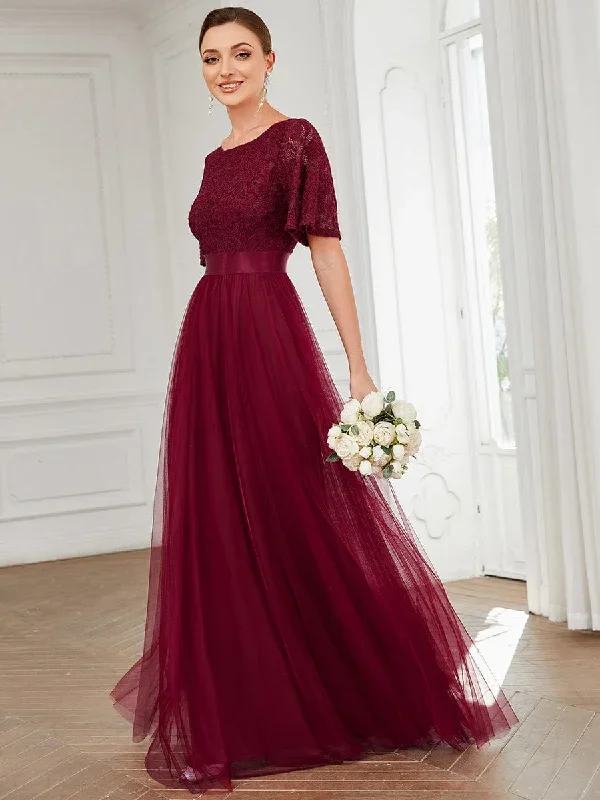 short-sleeve-backless-ribbon-waist-a-line-tulle-bridesmaid-dress-es01399