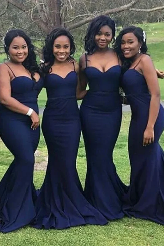 Spaghetti Straps Long Navy Blue Mermaid Bridesmaid Dress