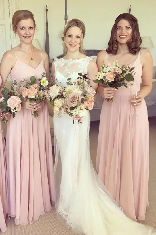 Simple Pink Straps Long Bridesmaid Wedding Party Dress