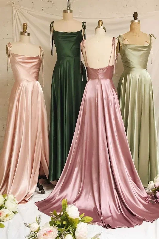 Simple Tie Shoulder A-Line Long Bridesmaid Dress