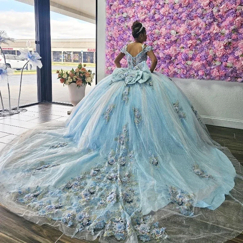 Sky Blue Quinceanera Dresses 2024 Sweet 15 16 Birthday Party Gown Vestidos Para XV Off Shoulder Princess Long Pageant Miss Pagea