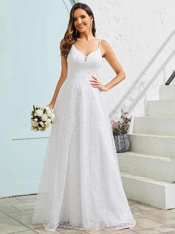 Sleeveless V-Neck Paillette Tulle Backless A-Line Wedding Dress