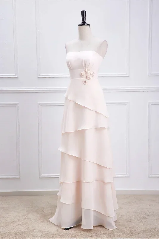 strapless-peach-layered-chiffon-bridesmaid-dress-with-3d-flowers