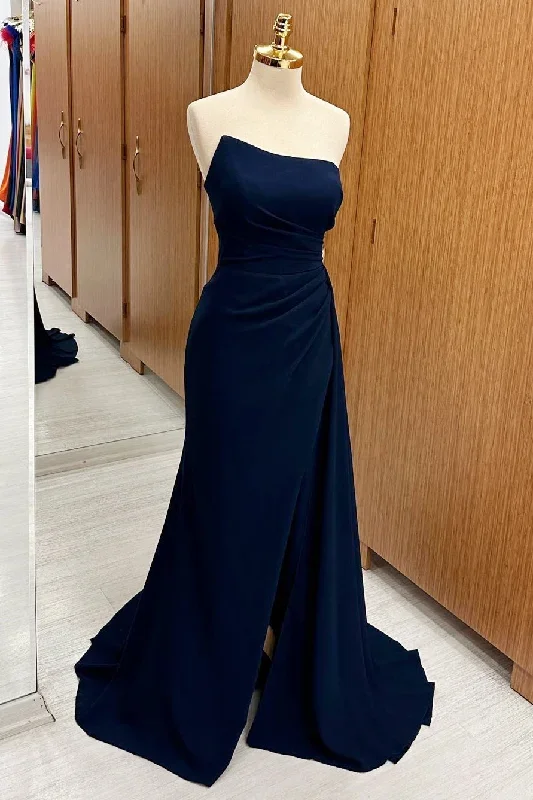 Strapless Ruched Bridesmaid Dress with Slit and Attached Train