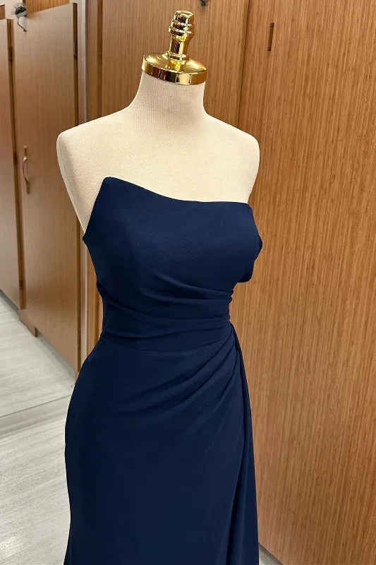 strapless-ruched-bridesmaid-dress-with-slit-and-attached-train