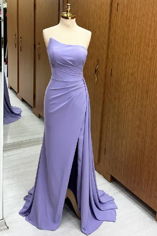 strapless-ruched-bridesmaid-dress-with-slit-and-attached-train