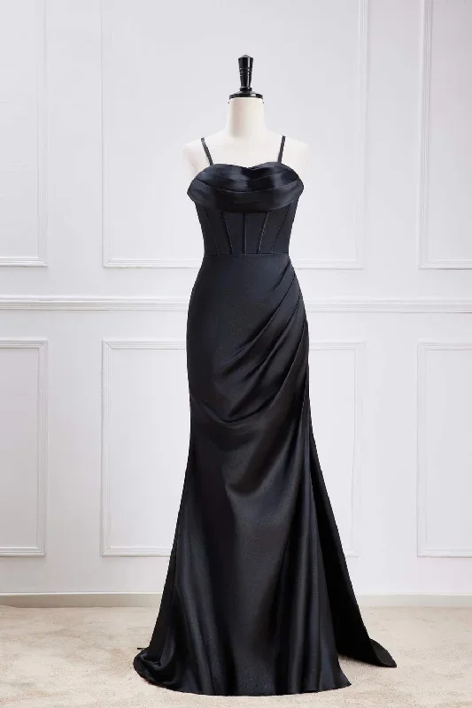 Straps Black Satin Mermaid Bridesmaid Dress with Slit