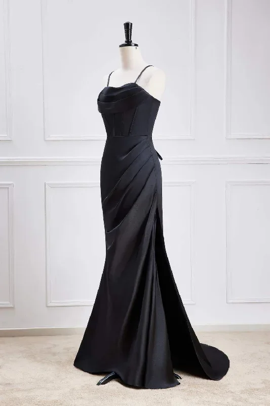 straps-black-satin-mermaid-bridesmaid-dress-with-slit