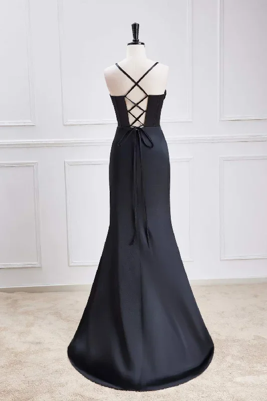 straps-black-satin-mermaid-bridesmaid-dress-with-slit