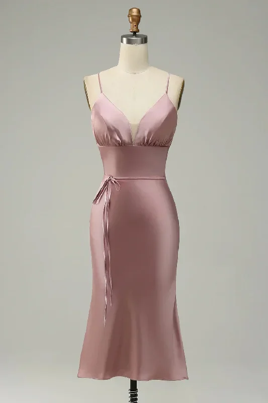 Straps Dusty Rose Tea Length Satin Midi Bridesmaid Dress