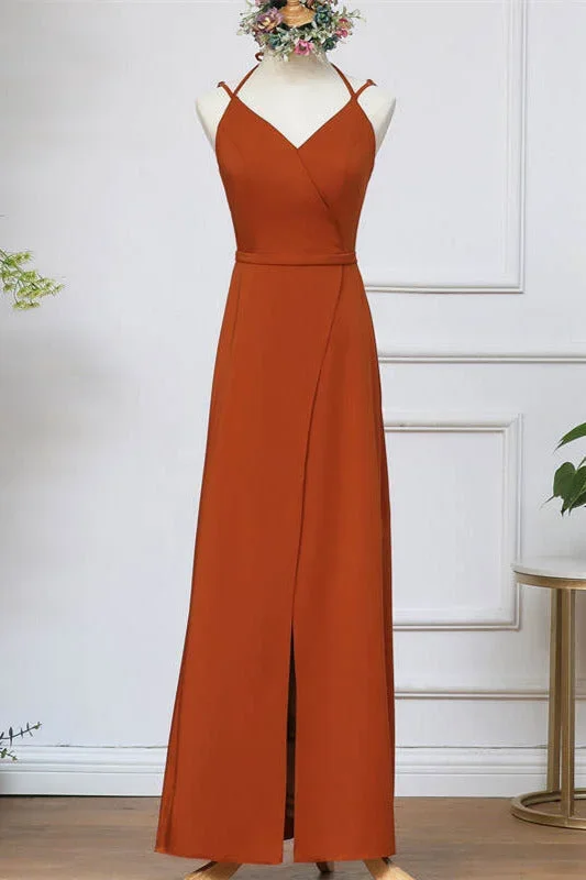 Straps Pumpkin Long Bridesmaid Dress with Slit