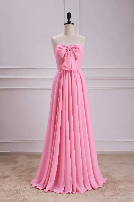 Sweetheart Candy Pink A-Line Chiffon Maxi Dress with Bow