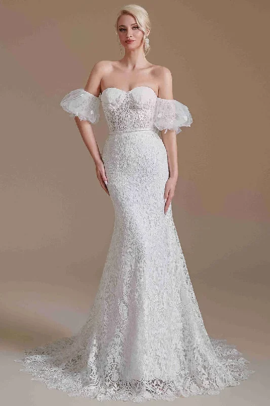 Sweetheart White Lace Mermaid Wedding Dress with Detachable Sleeves