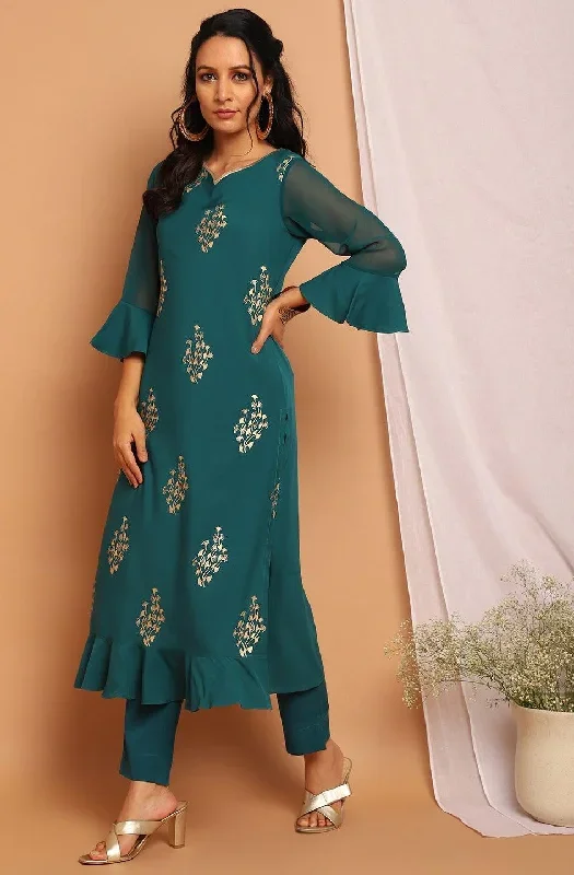 Teal Green Poly Crepe Floral Print Straight Kurta