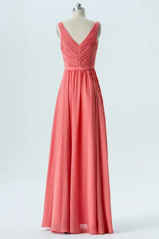 v-neck-fulle-pleated-coral-bridesmaid-dress-with-ruffles