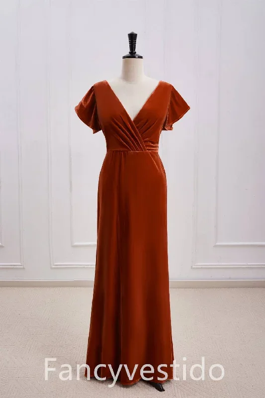 V-Neck Rust Orange Velvet Long Bridesmaid Dress