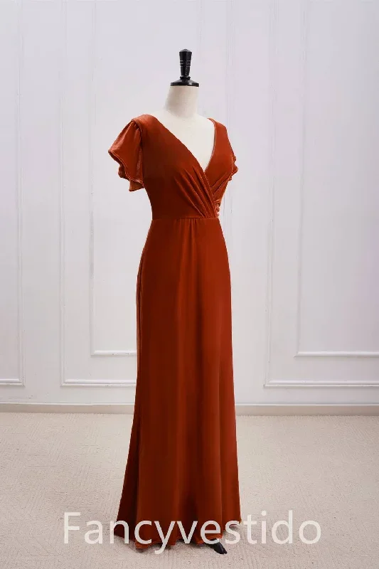 v-neck-rust-orange-velvet-long-bridesmaid-dress