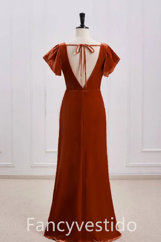 v-neck-rust-orange-velvet-long-bridesmaid-dress