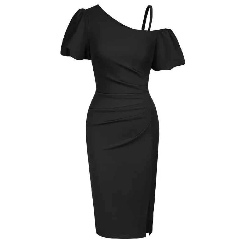 Vintage One Shoulder Dress Front Slit Below-Knee Ruched Bodycon Dress