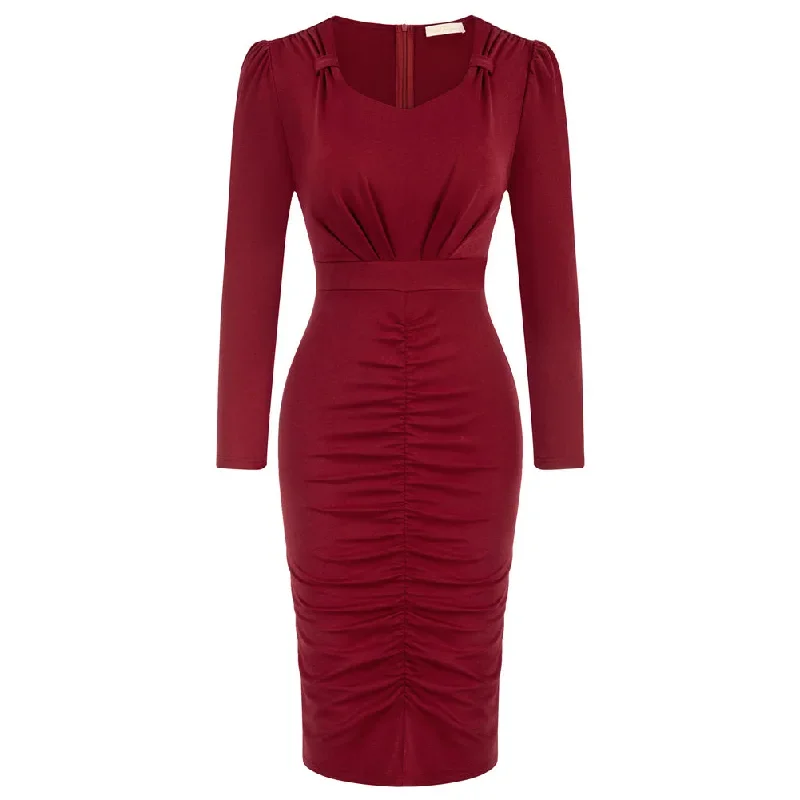 Seckill Offer⌛Vintage Ruched Dress Long Sleeve Defined Waist Bodycon Dress