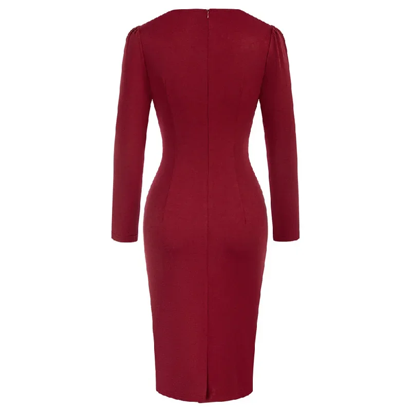 vintage-ruched-dress-long-sleeve-defined-waist-bodycon-dress