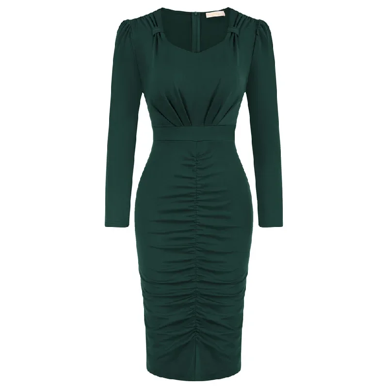 vintage-ruched-dress-long-sleeve-defined-waist-bodycon-dress