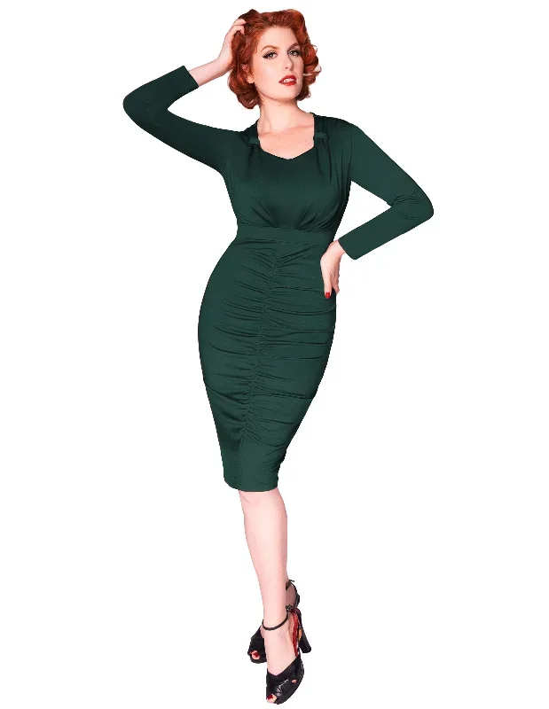 vintage-ruched-dress-long-sleeve-defined-waist-bodycon-dress