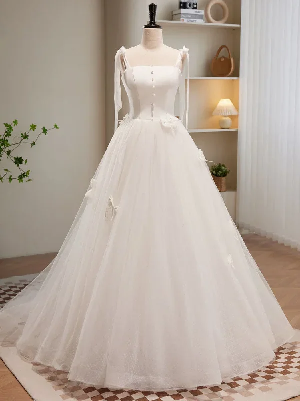 White A-line Tulle Long Prom Dress, White Tulle Formal Dress