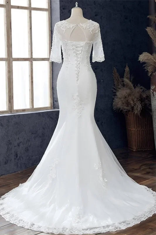 white-appliques-jewel-half-sleeve-mermaid-wedding-dress