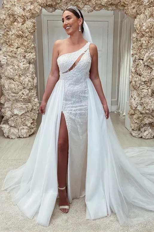 White Beaded One-Shoulder Cutout Wedding Dress