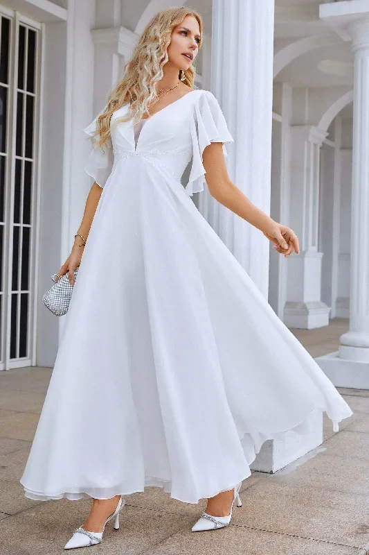 white-chiffon-v-neck-a-line-long-dress-with-flutter-sleeves