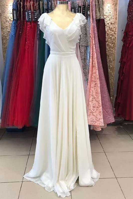 White Chiffon V-Neck Backless Ruffled Long Bridesmaid Dress