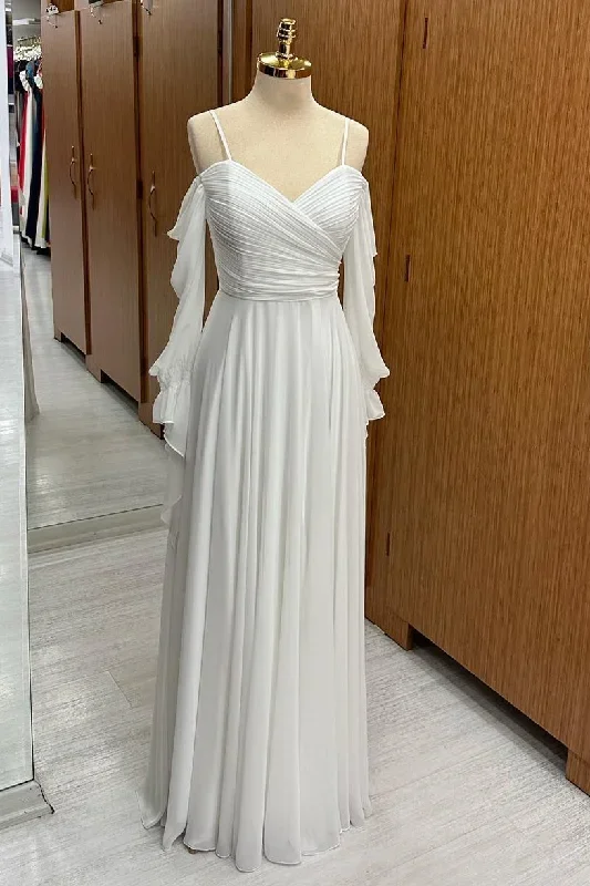 White Cold-Shoulder Chiffon Bridesmaid Dress