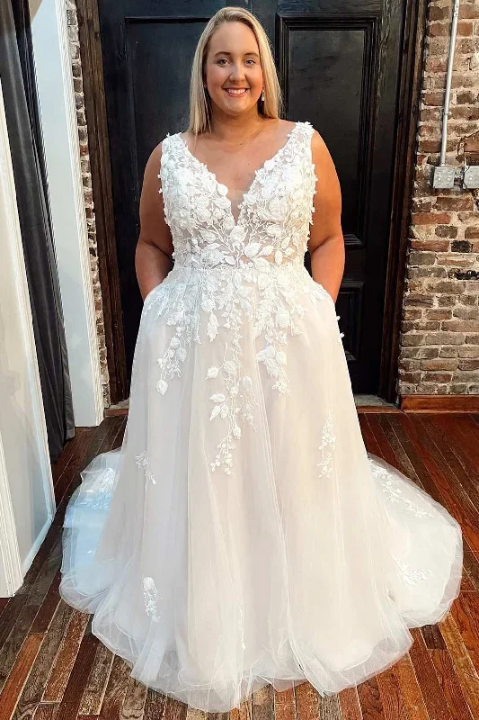 White Floral Lace V-Neck A-Line Wedding Dress with Pockets