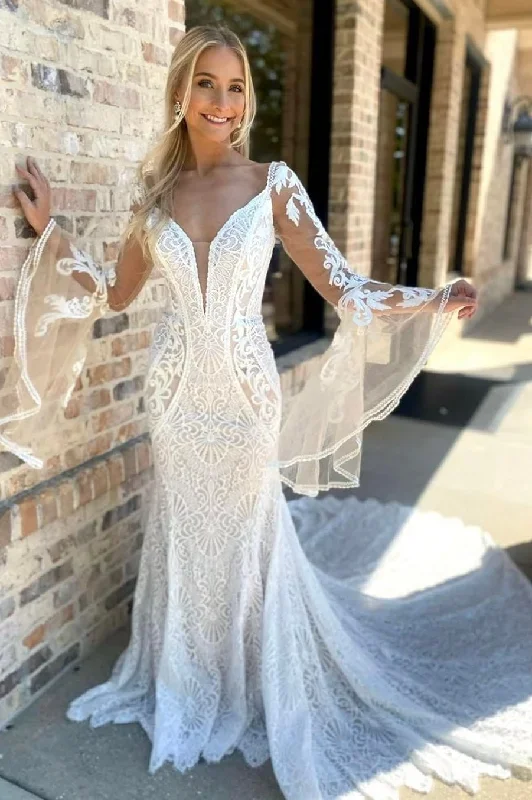 White Lace Plunge Long Sleeve Mermaid Long Wedding Dress