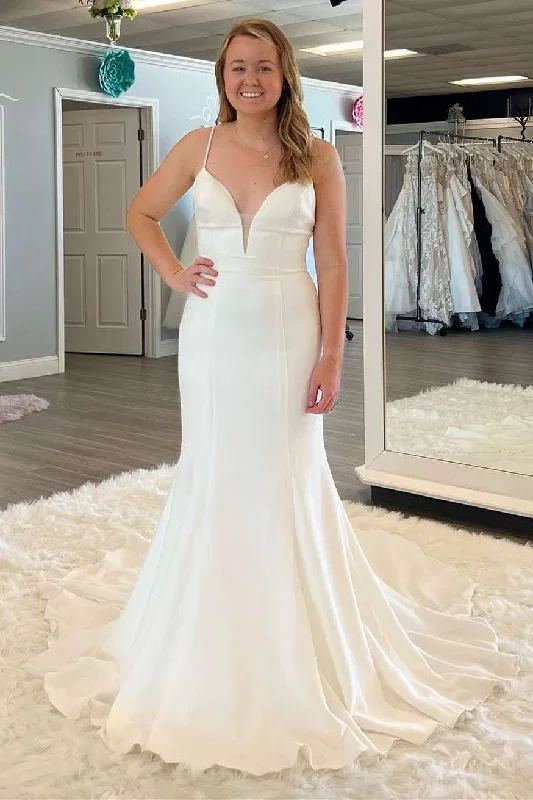 Mermaid White Plunge V Spaghetti Straps Long Wedding Dress