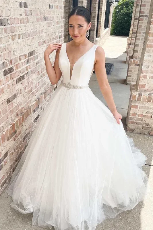 White V-Neck A-Line Long Wedding Dress with Belt