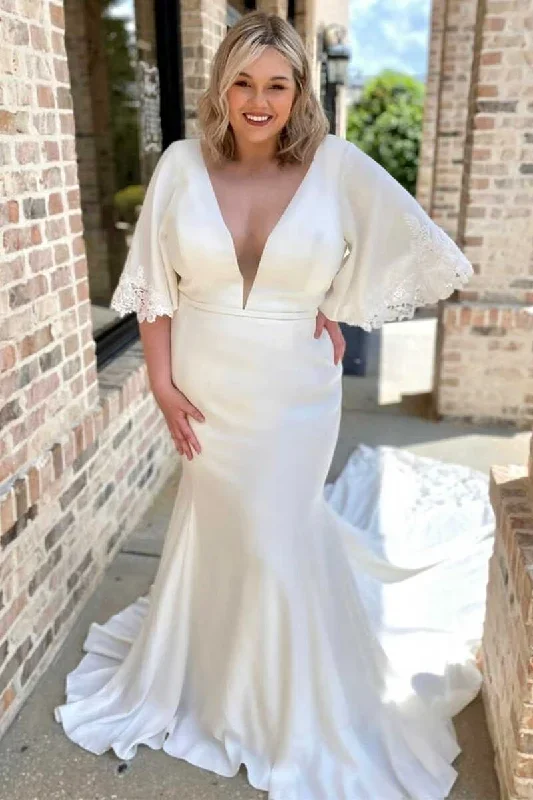 White V-Neck Flutter Sleeve Mermaid Long Wedding Dress