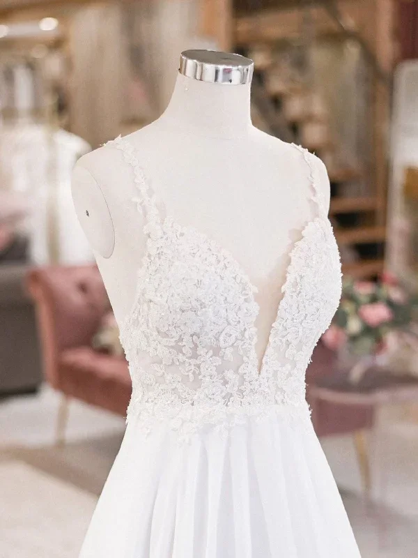 white-v-neck-lace-chiffon-long-wedding-dress-beach-wedding-dress