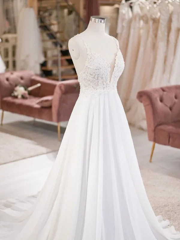 white-v-neck-lace-chiffon-long-wedding-dress-beach-wedding-dress