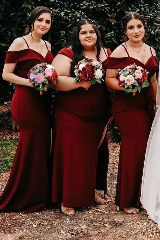 Wine Red Cold Shoulder Mermaid Bridesmaid Dress