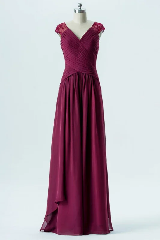 Wine Red Lace Cap Sleeves Long Bridesmaid Dress