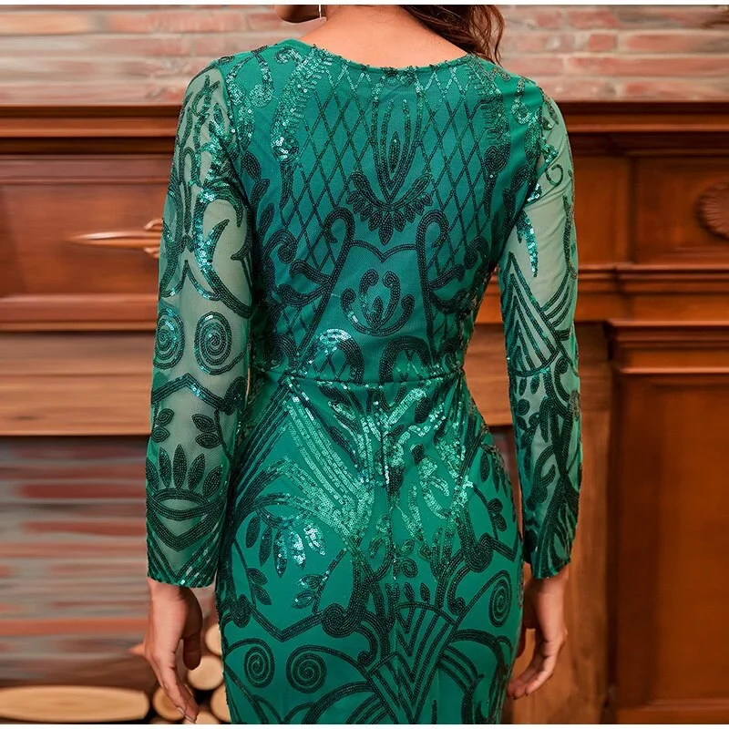 women-elegant-sequin-print-mesh-maxi-dress-fashion-green-long-sleeve-round-neck-bodycon-dresses-ladies-party-evening-long-dress